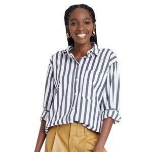 Women’s Cotton Button-Down Long Sleeve Navy Blue & White Striped Shirt Size XS